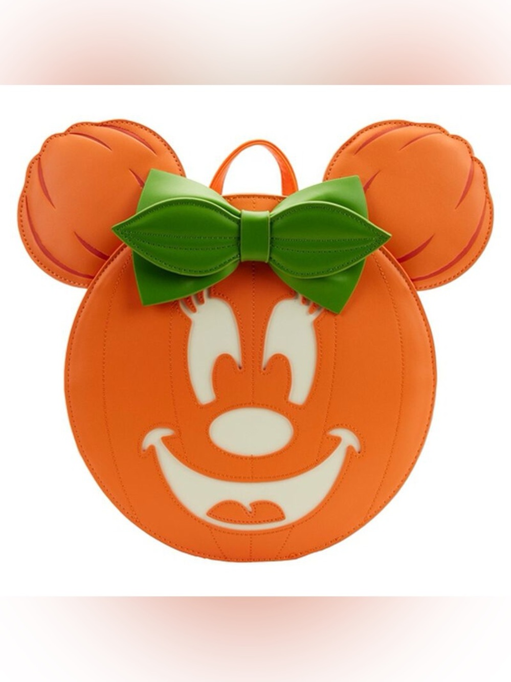 Loungefly Orange Minnie Pumpkin Face Backpack with Green Bow Accent